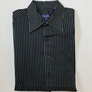 Sean John men’s 💯cotton black green striped dress shirt long sleeve 17.5 (XL)